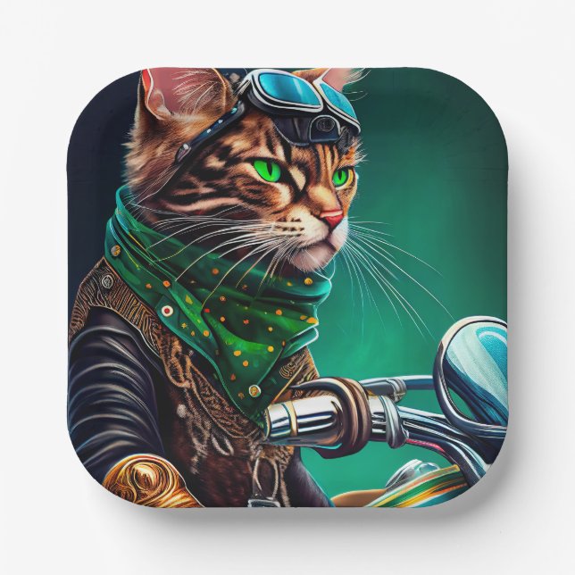 Bengal Cat driving bike St. Patrick's Day Paper Plates (Front)