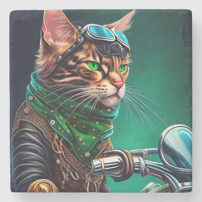 Bengal Cat driving bike St. Patrick's Day Stone Coaster (Front)