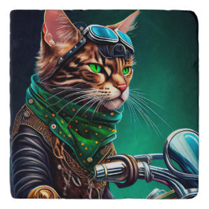 Bengal Cat driving bike St. Patrick's Day Trivet