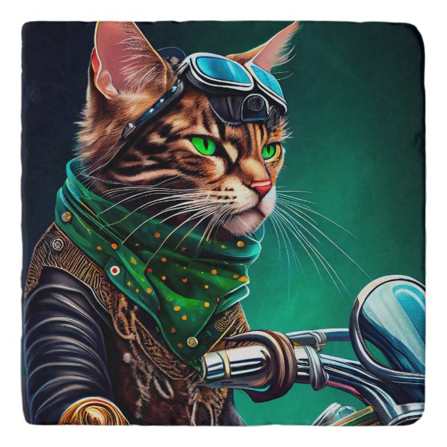 Bengal Cat driving bike St. Patrick's Day Trivet (Front)