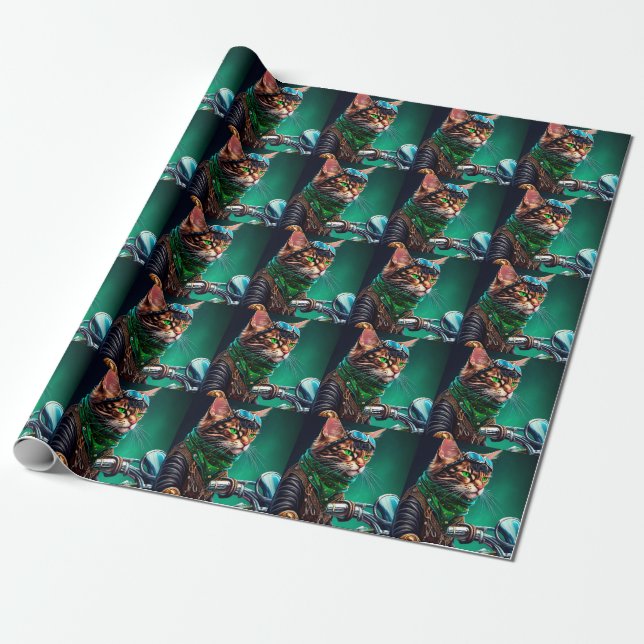 Bengal Cat driving bike St. Patrick's Day Wrapping Paper (Unrolled)