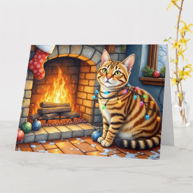 Bengal Cat Fireplace with Christmas Lights Card (Yellow Flower)