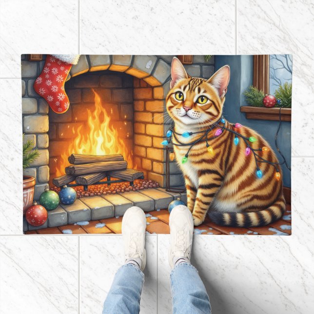 Bengal Cat Fireplace with Christmas Lights Doormat (Indoor)
