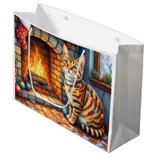 Bengal Cat Fireplace with Christmas Lights Large Gift Bag