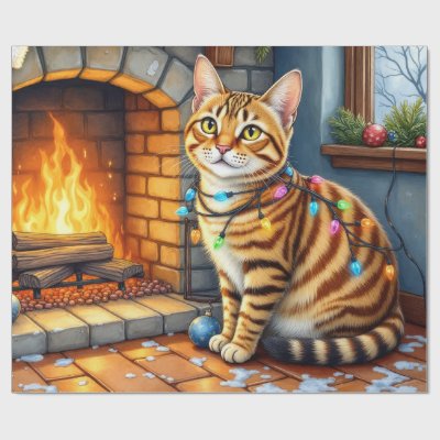 Bengal Cat Fireplace with Christmas Lights Wrapping Paper