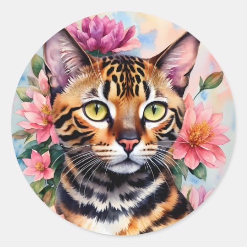 Bengal Cat Floral Art Classic Round Sticker