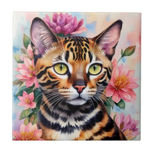 Bengal Cat Floral Watercolor Art Ceramic Tile