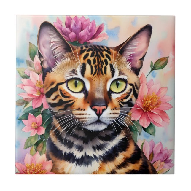 Bengal Cat Floral Watercolor Art Ceramic Tile (Front)