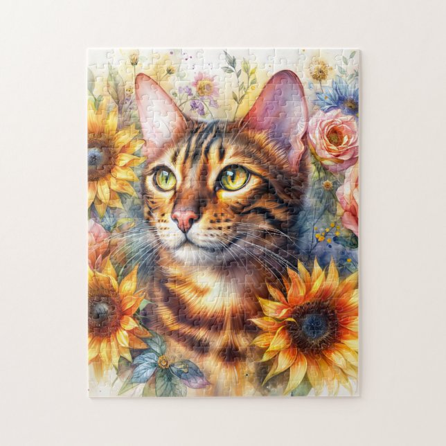Bengal Cat Floral Watercolor Jigsaw Puzzle (Vertical)