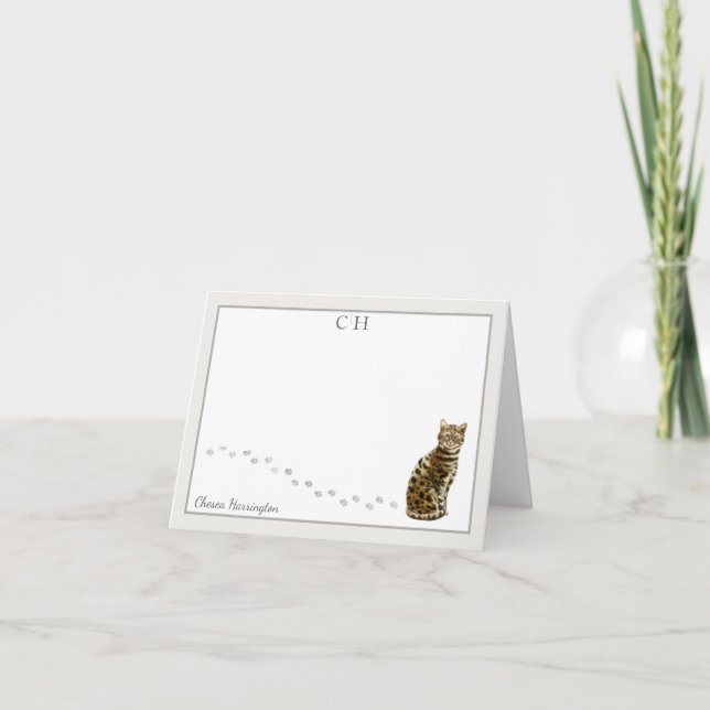 Bengal Cat Gray Border Monogram Name Folded Thank You Card (Front)