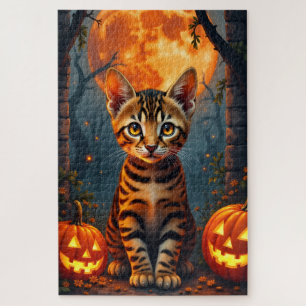 Bengal Cat Haunted Temple Halloween Portrait Art Jigsaw Puzzle