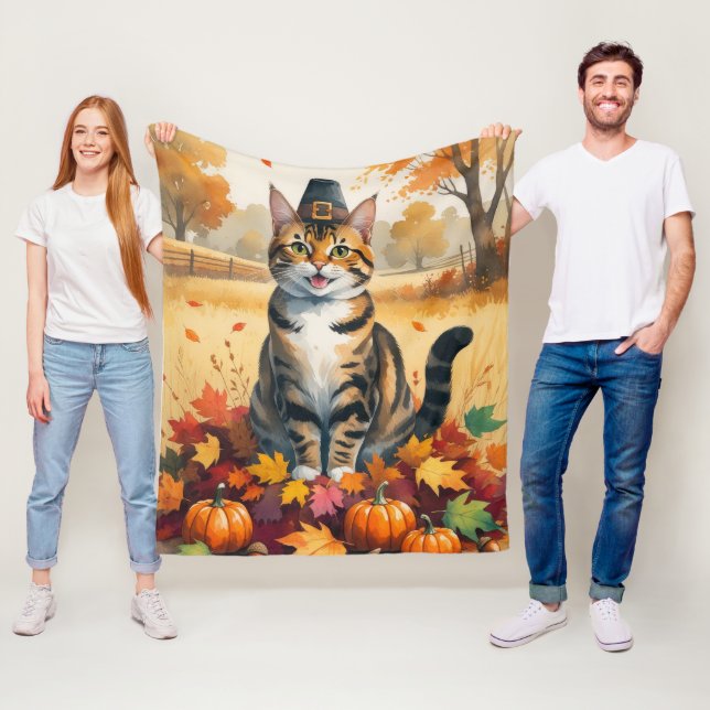 Bengal Cat in Autumn Leaves Thanksgiving Art Fleece Blanket (In Situ)