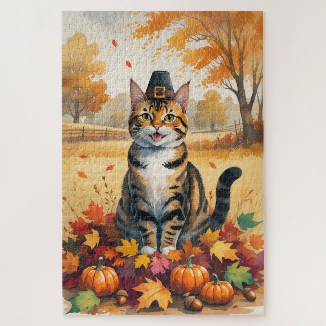 Bengal Cat in Autumn Leaves Thanksgiving Art Jigsaw Puzzle (Vertical)