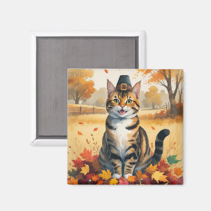 Bengal Cat in Autumn Leaves Thanksgiving Art Magnet