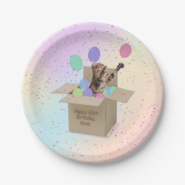 Bengal cat in cardboard box with balloons paper plates (Front)
