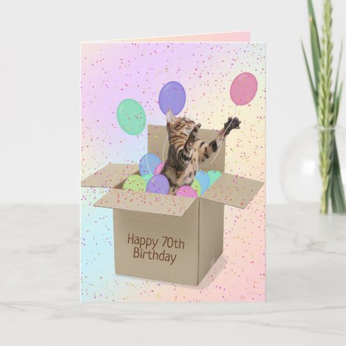 Bengal cat in carton box 70th birthday card