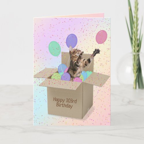 Bengal cat in carton box for 103rd birthday card