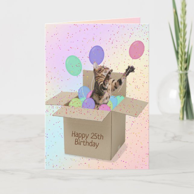 Bengal cat in carton box for 25th birthday card (Front)