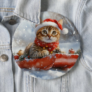 Bengal Cat in Sledge Let it Snow Christmas Button