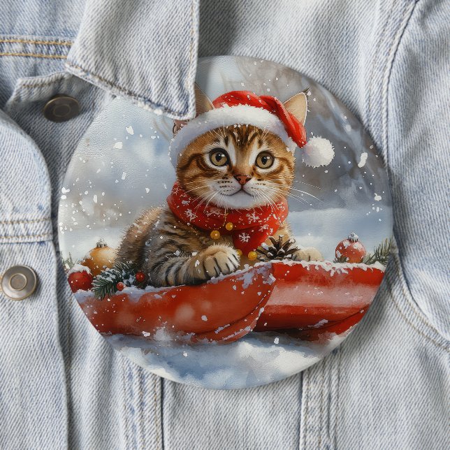 Bengal Cat in Sledge Let it Snow Christmas Button (In Situ)
