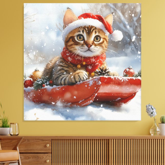 Bengal Cat in Sledge Let it Snow Christmas Canvas Print (Insitu(LivingRoom))