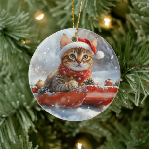 Bengal Cat in Sledge Let it Snow Christmas Ceramic Ornament