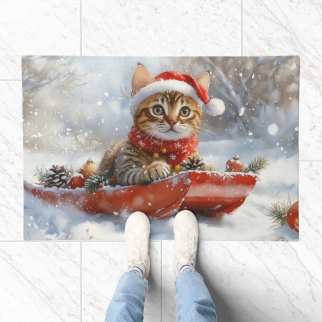 Bengal Cat in Sledge Let it Snow Christmas Doormat (Indoor)