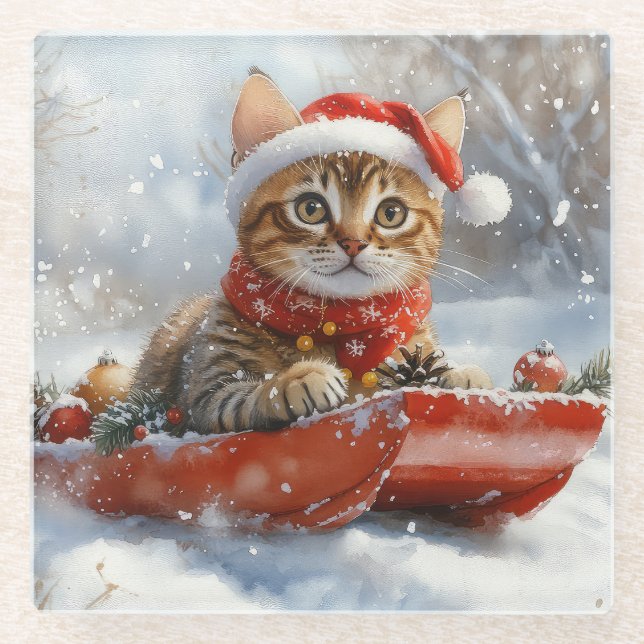 Bengal Cat in Sledge Let it Snow Christmas Glass Coaster (Front)