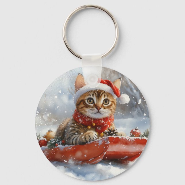 Bengal Cat in Sledge Let it Snow Christmas Keychain (Front)