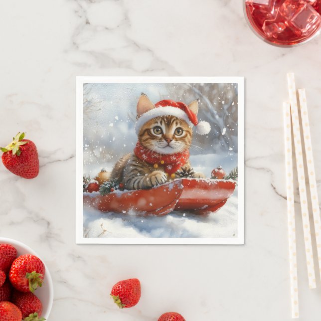 Bengal Cat in Sledge Let it Snow Christmas Napkins (Insitu)