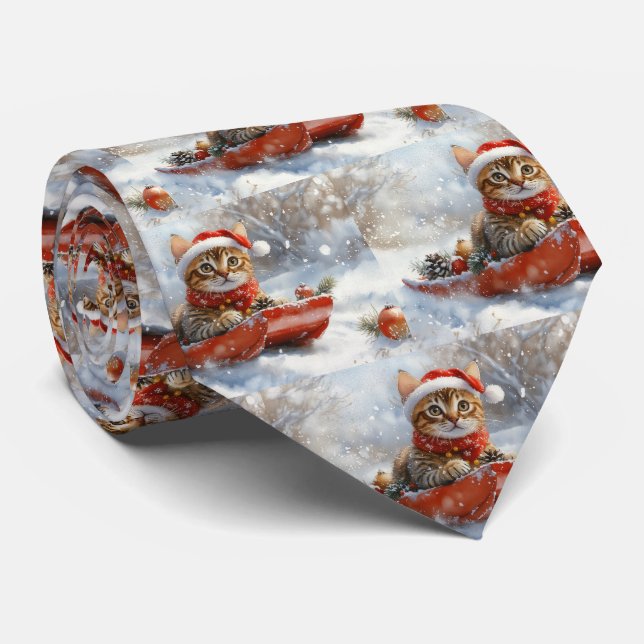 Bengal Cat in Sledge Let it Snow Christmas Neck Tie (Rolled)