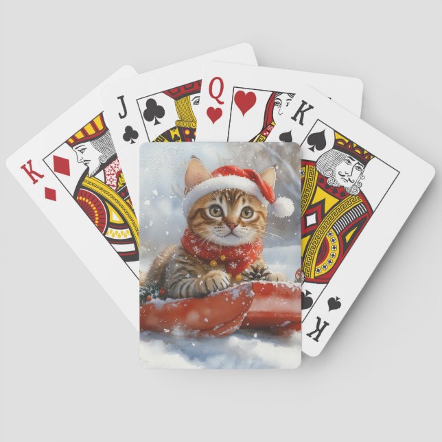 Bengal Cat in Sledge Let it Snow Christmas Poker Cards (Back)