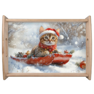 Bengal Cat in Sledge Let it Snow Christmas Serving Tray