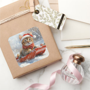 Bengal Cat in Sledge Let it Snow Christmas Square Sticker