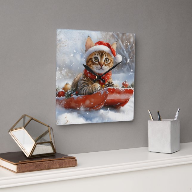 Bengal Cat in Sledge Let it Snow Christmas Square Wall Clock (Office)