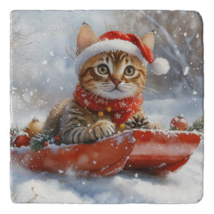 Bengal Cat in Sledge Let it Snow Christmas Trivet