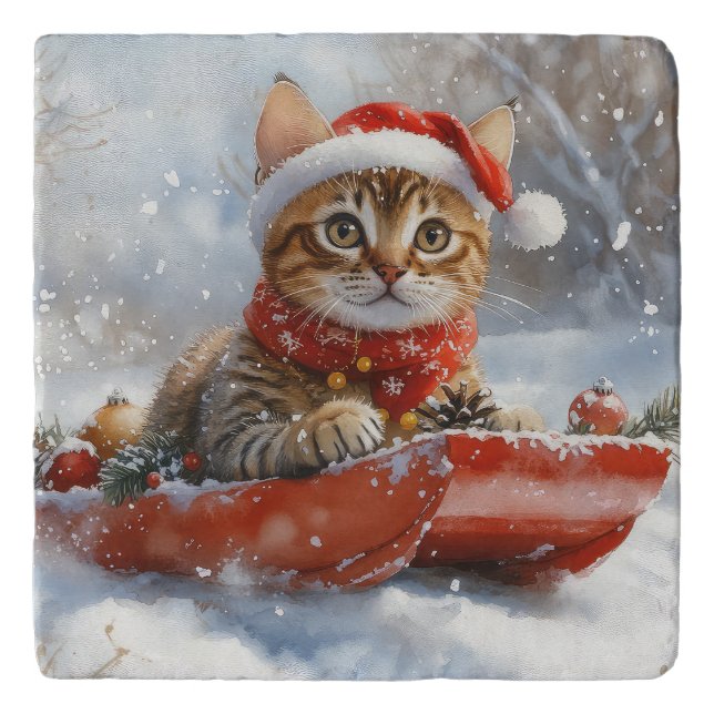 Bengal Cat in Sledge Let it Snow Christmas Trivet (Front)