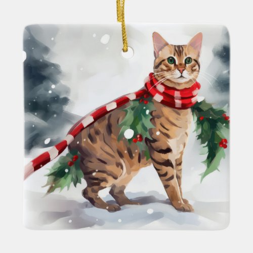 Bengal Cat in Snow Christmas  Ceramic Ornament