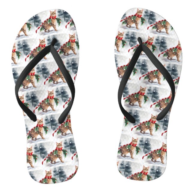 Bengal Cat in Snow Christmas  Flip Flops (Footbed)