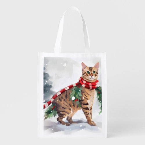 Bengal Cat in Snow Christmas  Grocery Bag