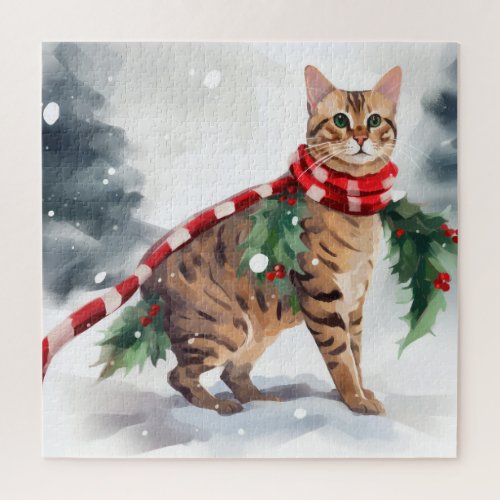 Bengal Cat in Snow Christmas  Jigsaw Puzzle