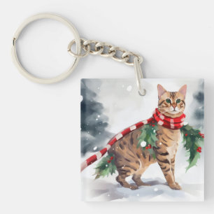 Bengal Cat in Snow Christmas Keychain