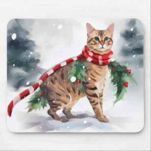 Bengal Cat in Snow Christmas Mouse Pad