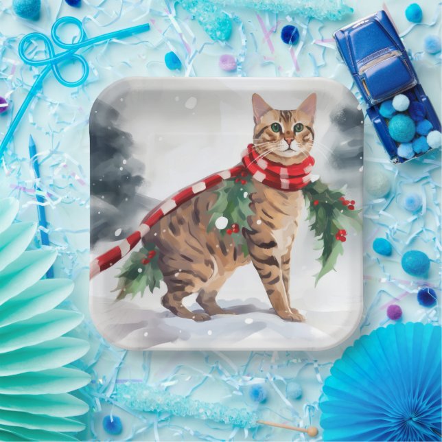 Bengal Cat in Snow Christmas  Paper Plates (Party)