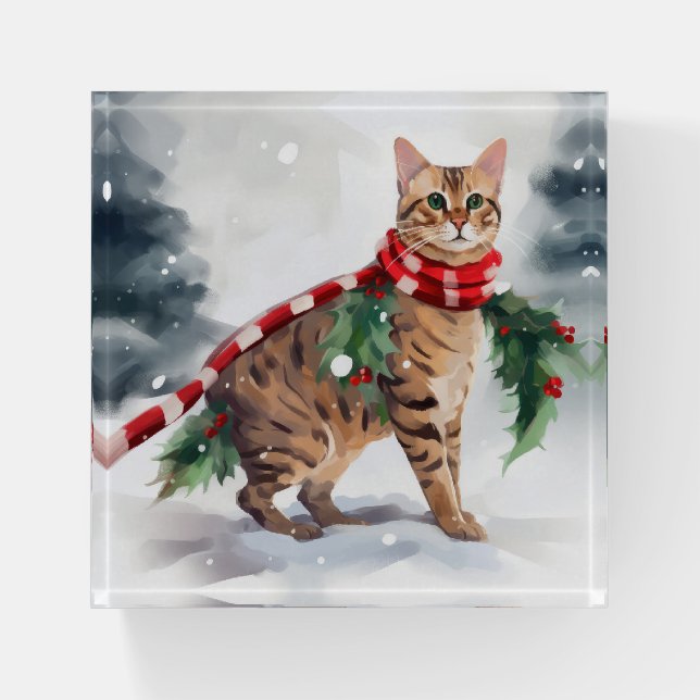 Bengal Cat in Snow Christmas  Paperweight (Front)