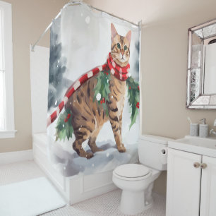 Bengal Cat in Snow Christmas Shower Curtain