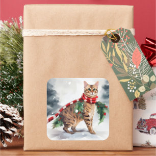 Bengal Cat in Snow Christmas Square Sticker