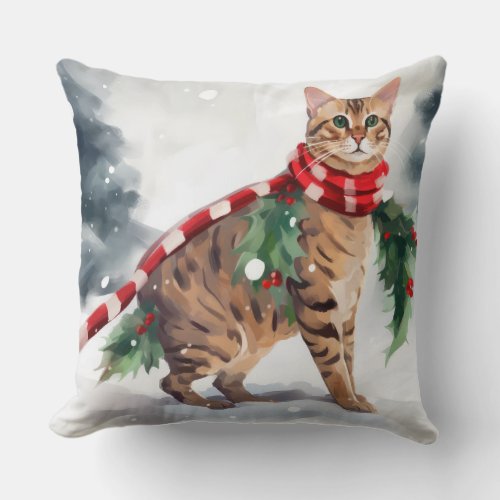 Bengal Cat in Snow Christmas  Throw Pillow