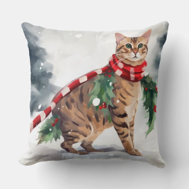 Bengal Cat in Snow Christmas  Throw Pillow (Front)