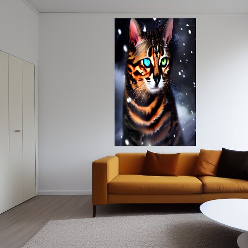Bengal cat in the snow  AI Art  Poster